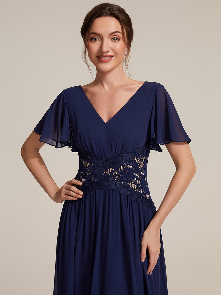 Lace Trim Chiffon Midi Dress with Ruffle Sleeves