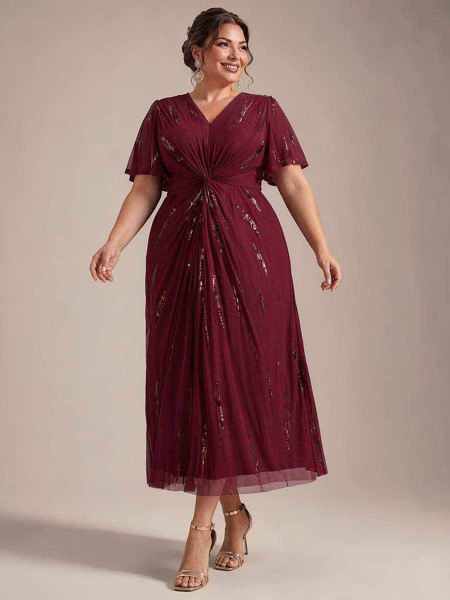Stunning Sequin Knot Detail V-Neck Tea Length Wedding Guest Dress