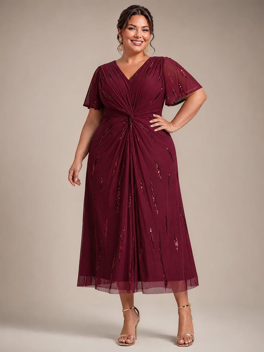 Stunning Sequin Knot Detail V-Neck Tea Length Mother of the Bride Dress