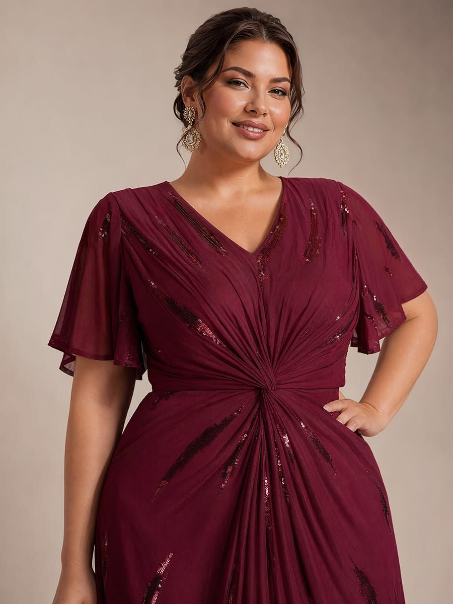 Stunning Sequin Knot Detail V-Neck Tea Length Mother of the Bride Dress