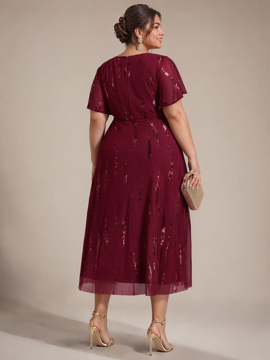 Stunning Sequin Knot Detail V-Neck Tea Length Mother of the Bride Dress