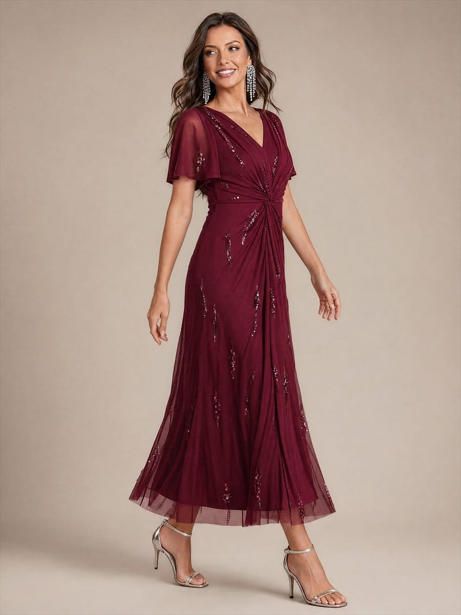 Stunning Sequin Knot Detail V-Neck Tea Length Mother of the Bride Dress