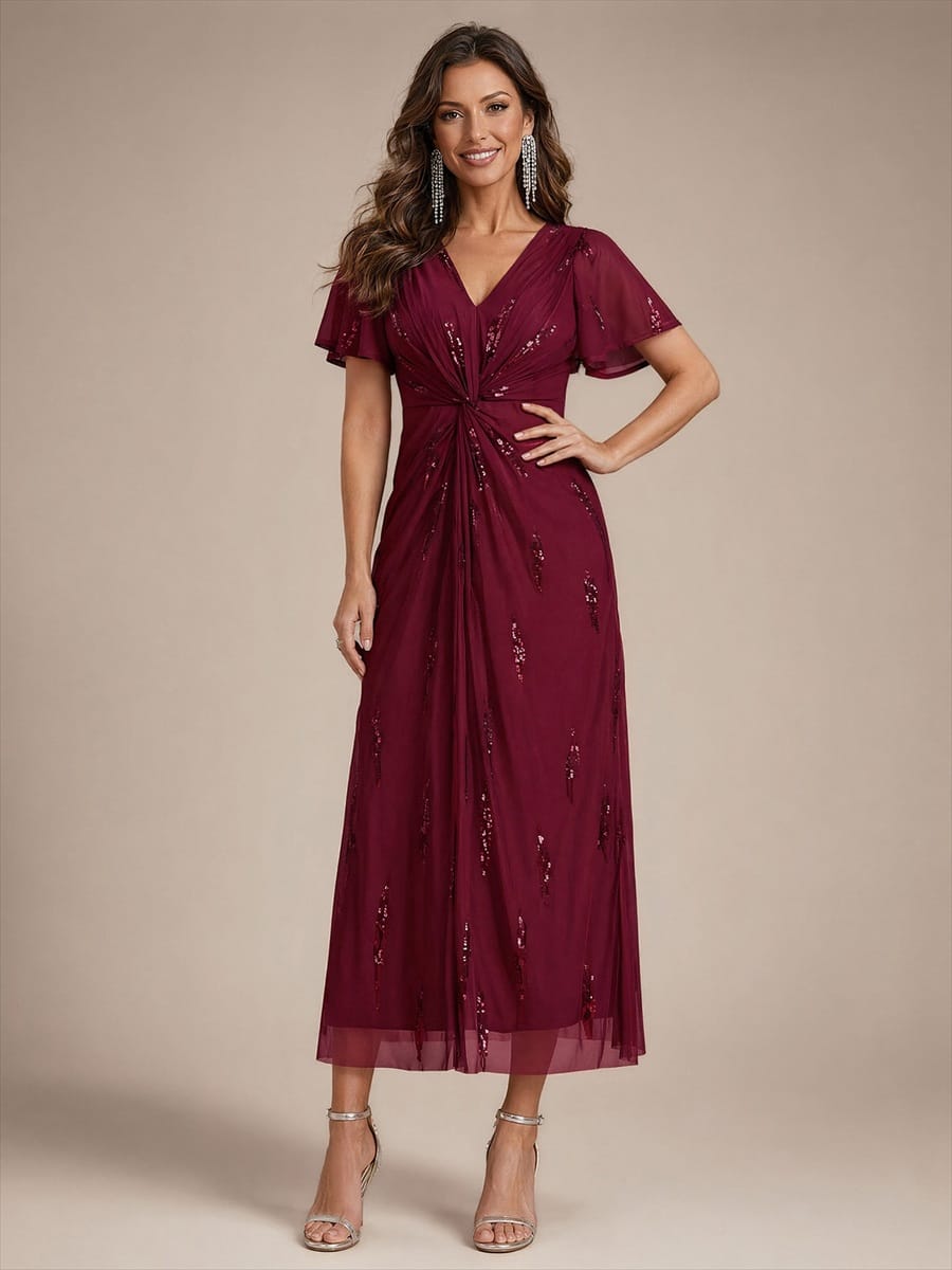 Stunning Sequin Knot Detail V-Neck Tea Length Mother of the Bride Dress