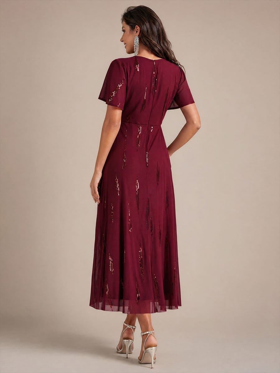 Stunning Sequin Knot Detail V-Neck Tea Length Mother of the Bride Dress