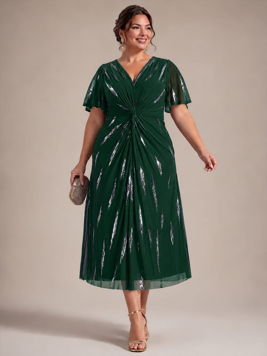 Stunning Sequin Knot Detail V-Neck Tea Length Mother of the Bride Dress