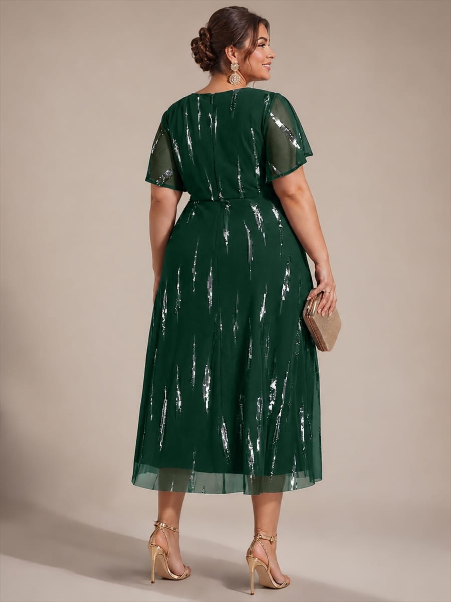 Stunning Sequin Knot Detail V-Neck Tea Length Mother of the Bride Dress