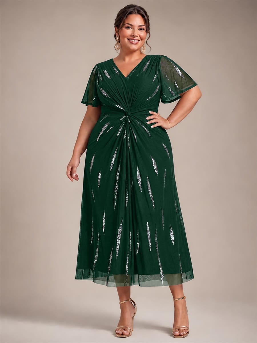Stunning Sequin Knot Detail V-Neck Tea Length Mother of the Bride Dress