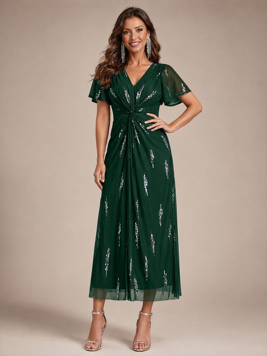 Stunning Sequin Knot Detail V-Neck Tea Length Mother of the Bride Dress