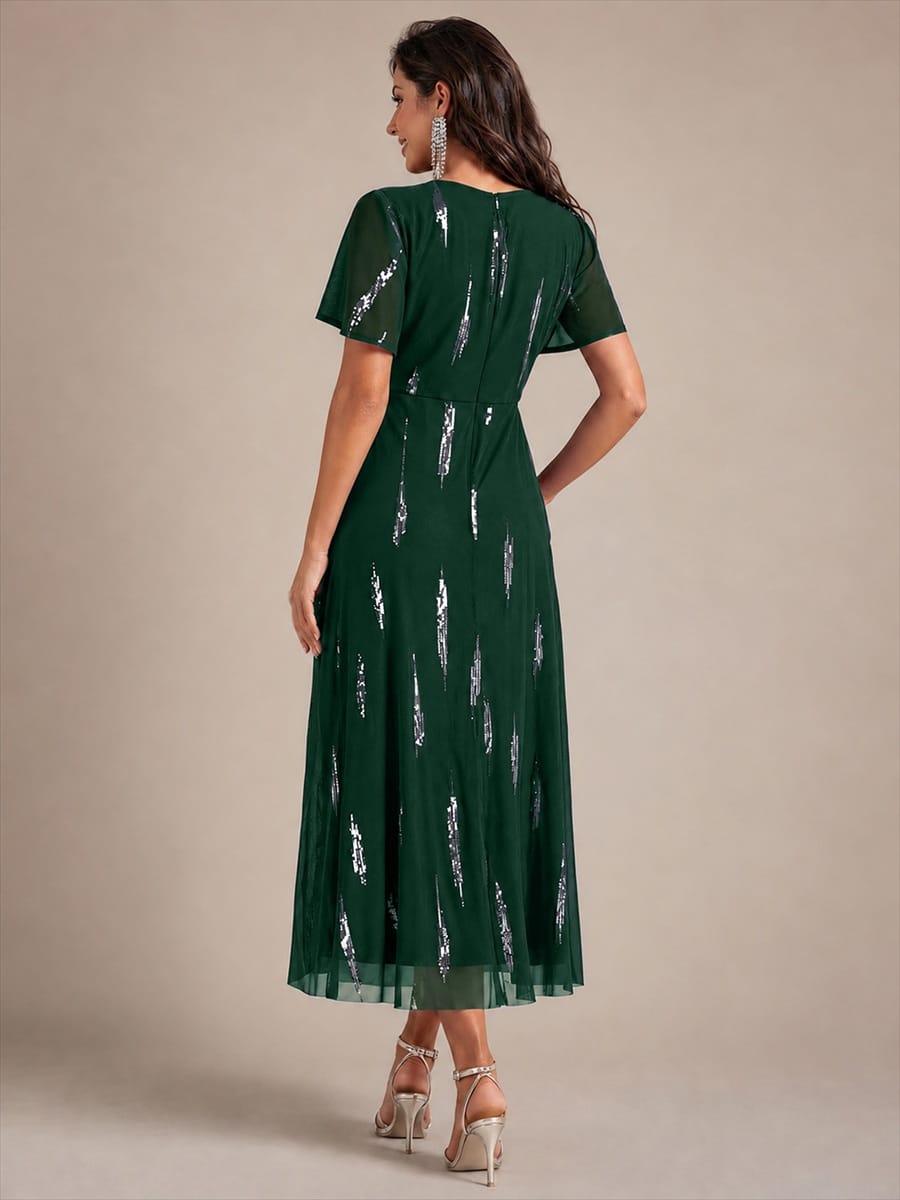 Stunning Sequin Knot Detail V-Neck Tea Length Mother of the Bride Dress
