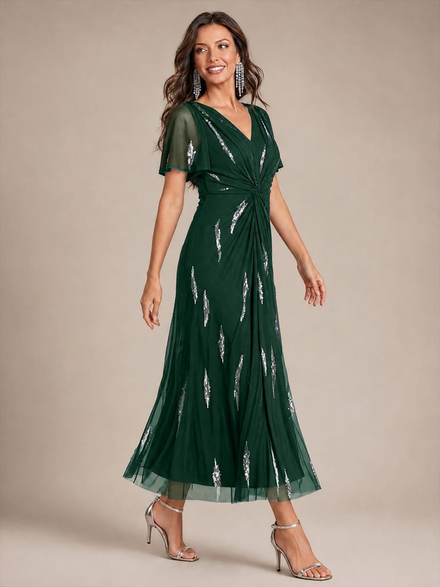 Stunning Sequin Knot Detail V-Neck Tea Length Mother of the Bride Dress