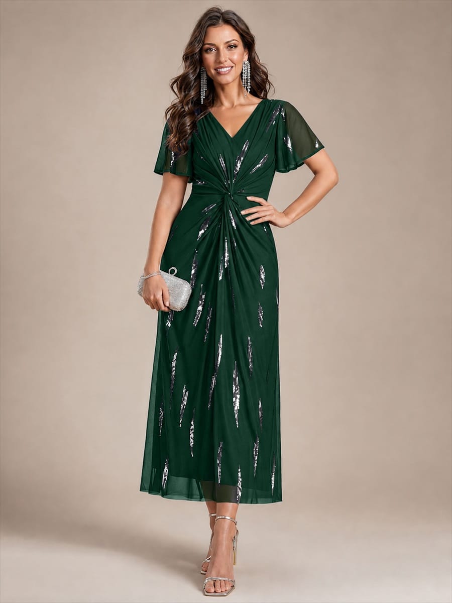 Stunning Sequin Knot Detail V-Neck Tea Length Mother of the Bride Dress