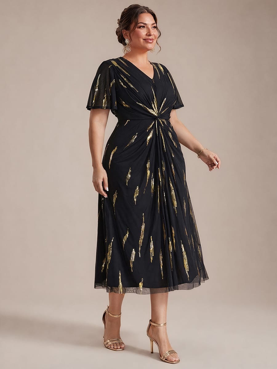 Stunning Sequin Knot Detail V-Neck Tea Length Mother of the Bride Dress