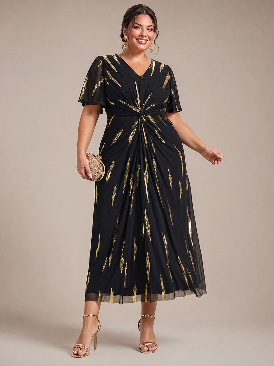 Stunning Sequin Knot Detail V-Neck Tea Length Mother of the Bride Dress