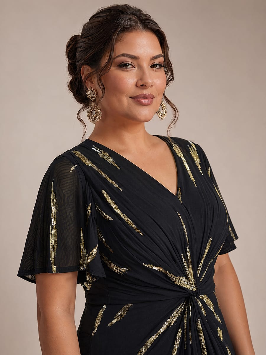 Stunning Sequin Knot Detail V-Neck Tea Length Mother of the Bride Dress