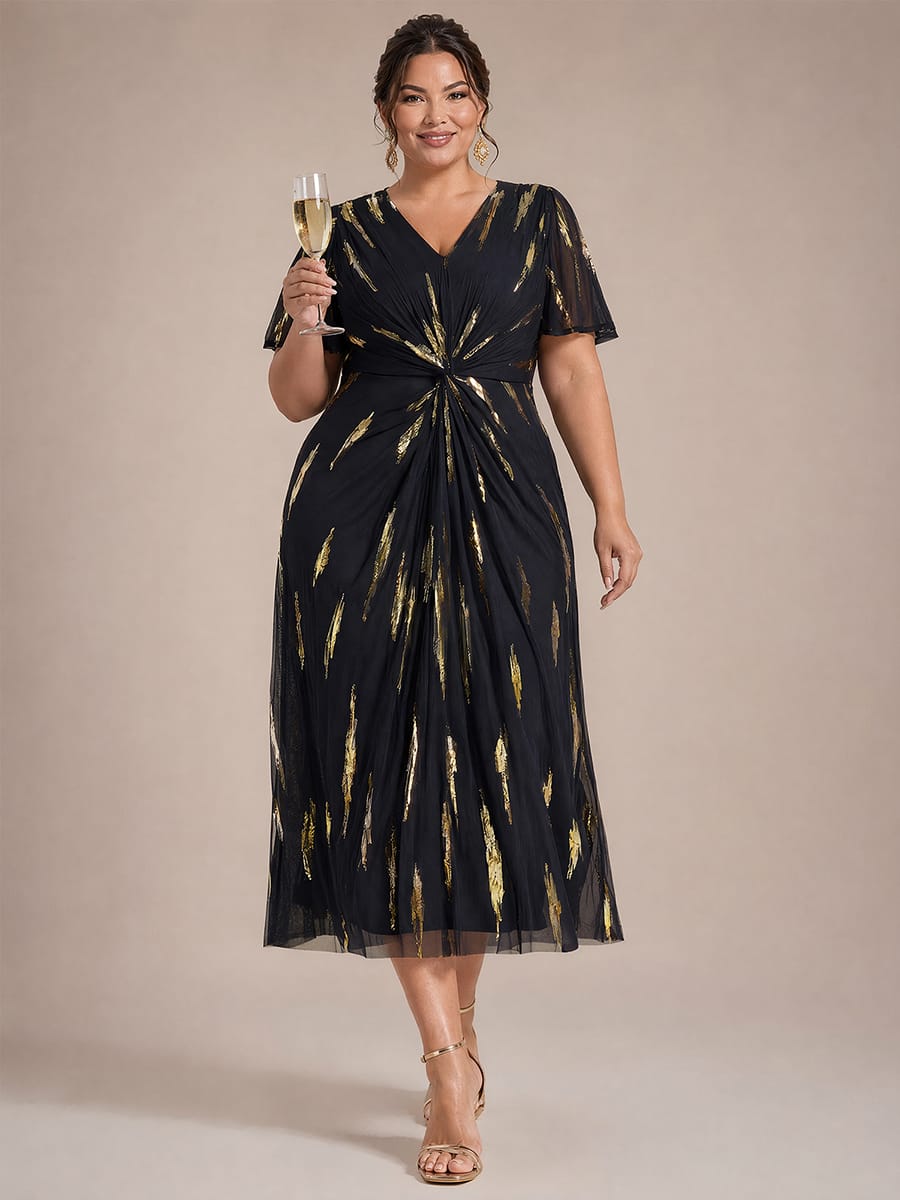 Stunning Sequin Knot Detail V-Neck Tea Length Mother of the Bride Dress