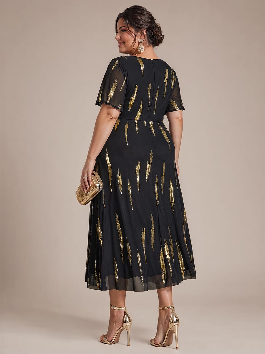 Stunning Sequin Knot Detail V-Neck Tea Length Mother of the Bride Dress