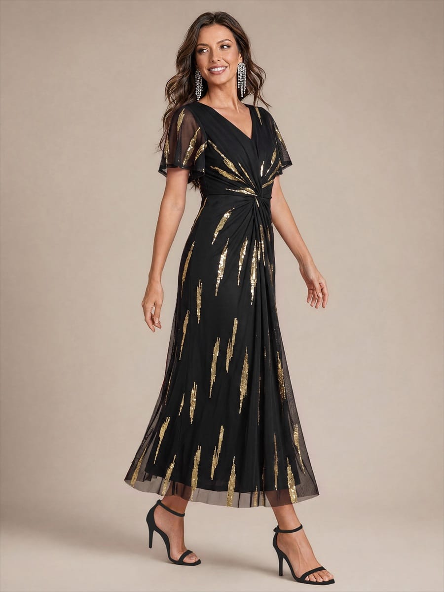 Stunning Sequin Knot Detail V-Neck Tea Length Mother of the Bride Dress