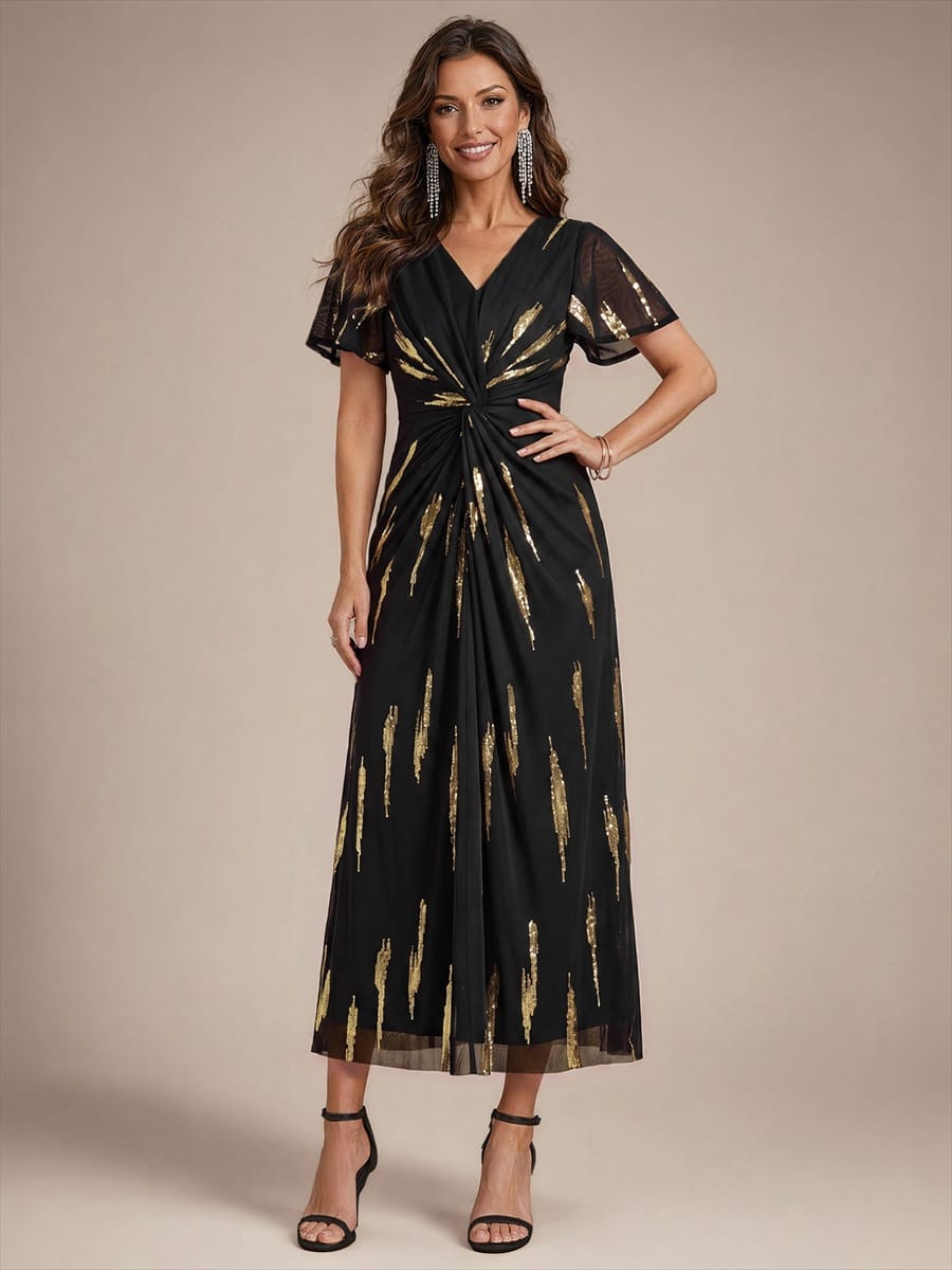 Stunning Sequin Knot Detail V-Neck Tea Length Wedding Guest Dress