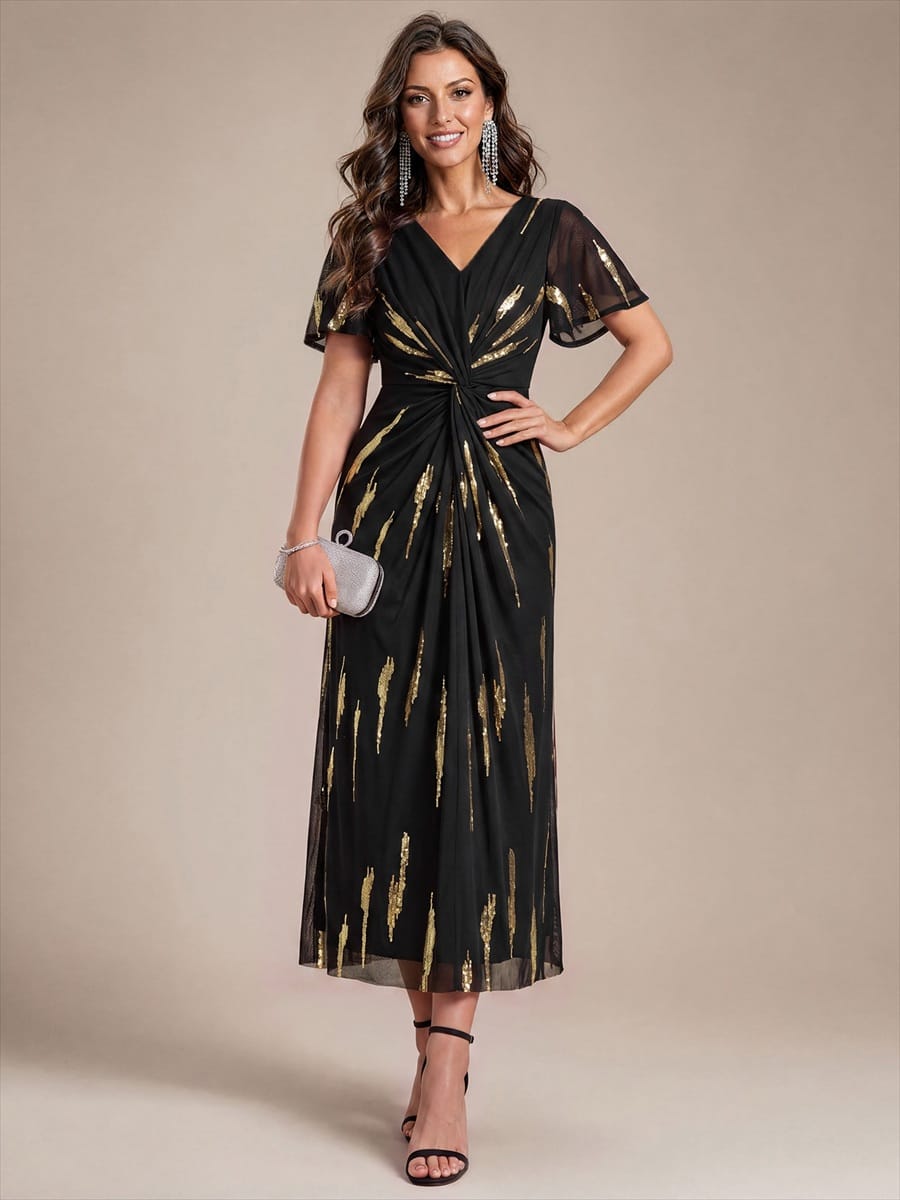 Stunning Sequin Knot Detail V-Neck Tea Length Mother of the Bride Dress