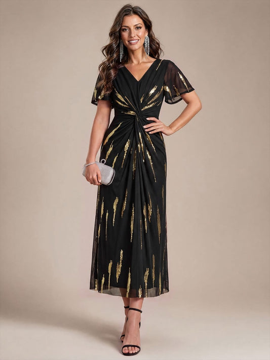 Stunning Sequin Knot Detail V-Neck Tea Length Wedding Guest Dress