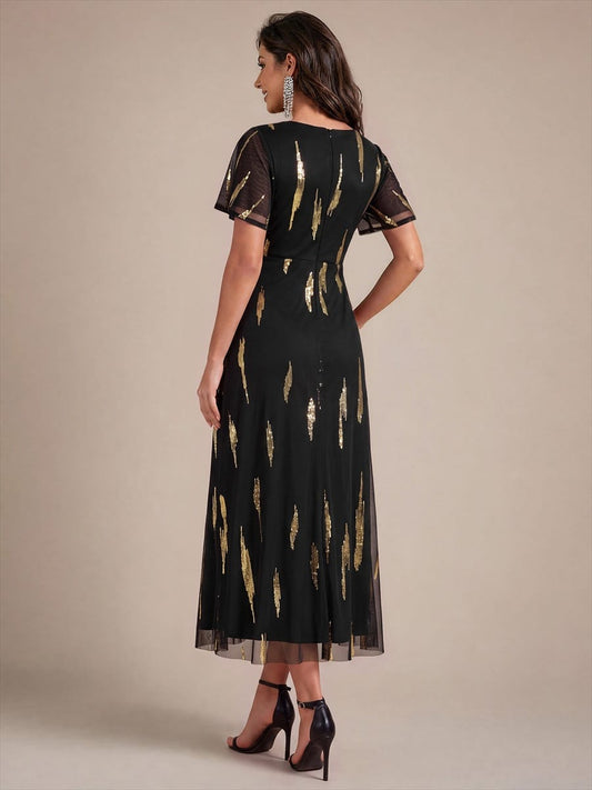 Stunning Sequin Knot Detail V-Neck Tea Length Wedding Guest Dress