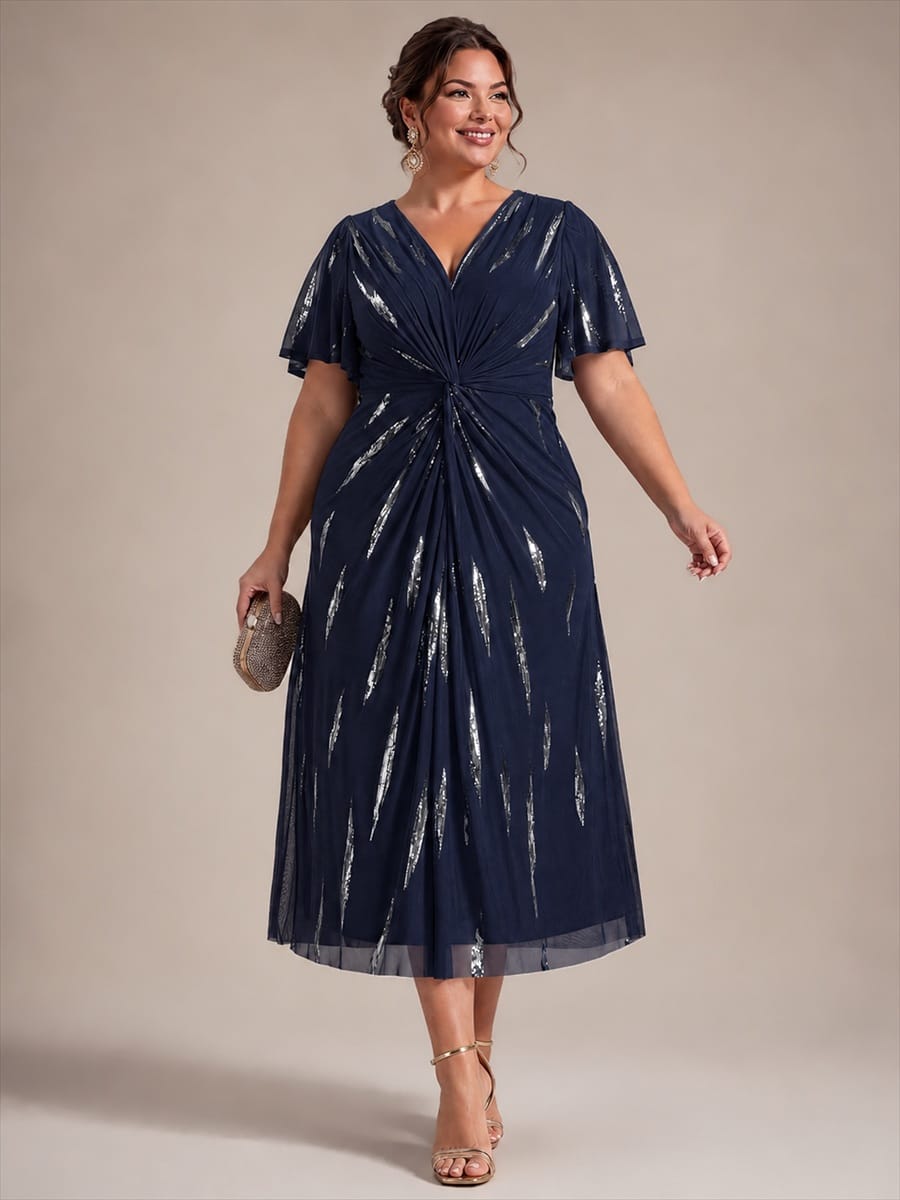 Stunning Sequin Knot Detail V-Neck Tea Length Mother of the Bride Dress