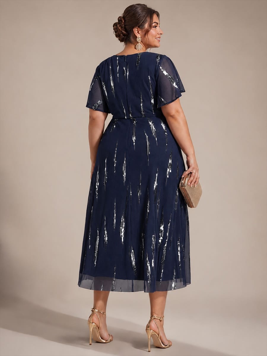 Stunning Sequin Knot Detail V-Neck Tea Length Mother of the Bride Dress