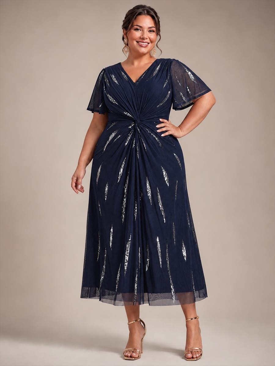 Stunning Sequin Knot Detail V-Neck Tea Length Mother of the Bride Dress