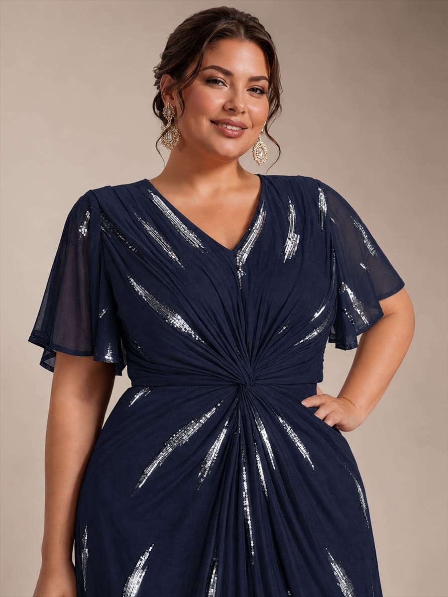 Stunning Sequin Knot Detail V-Neck Tea Length Mother of the Bride Dress