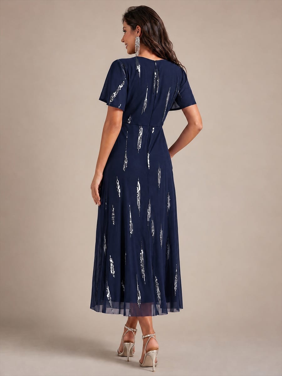 Stunning Sequin Knot Detail V-Neck Tea Length Mother of the Bride Dress