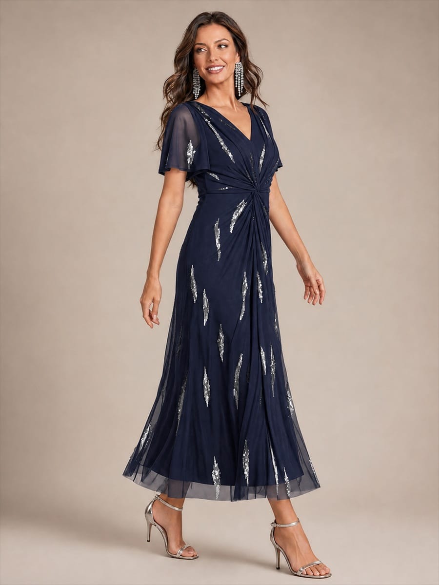 Stunning Sequin Knot Detail V-Neck Tea Length Mother of the Bride Dress