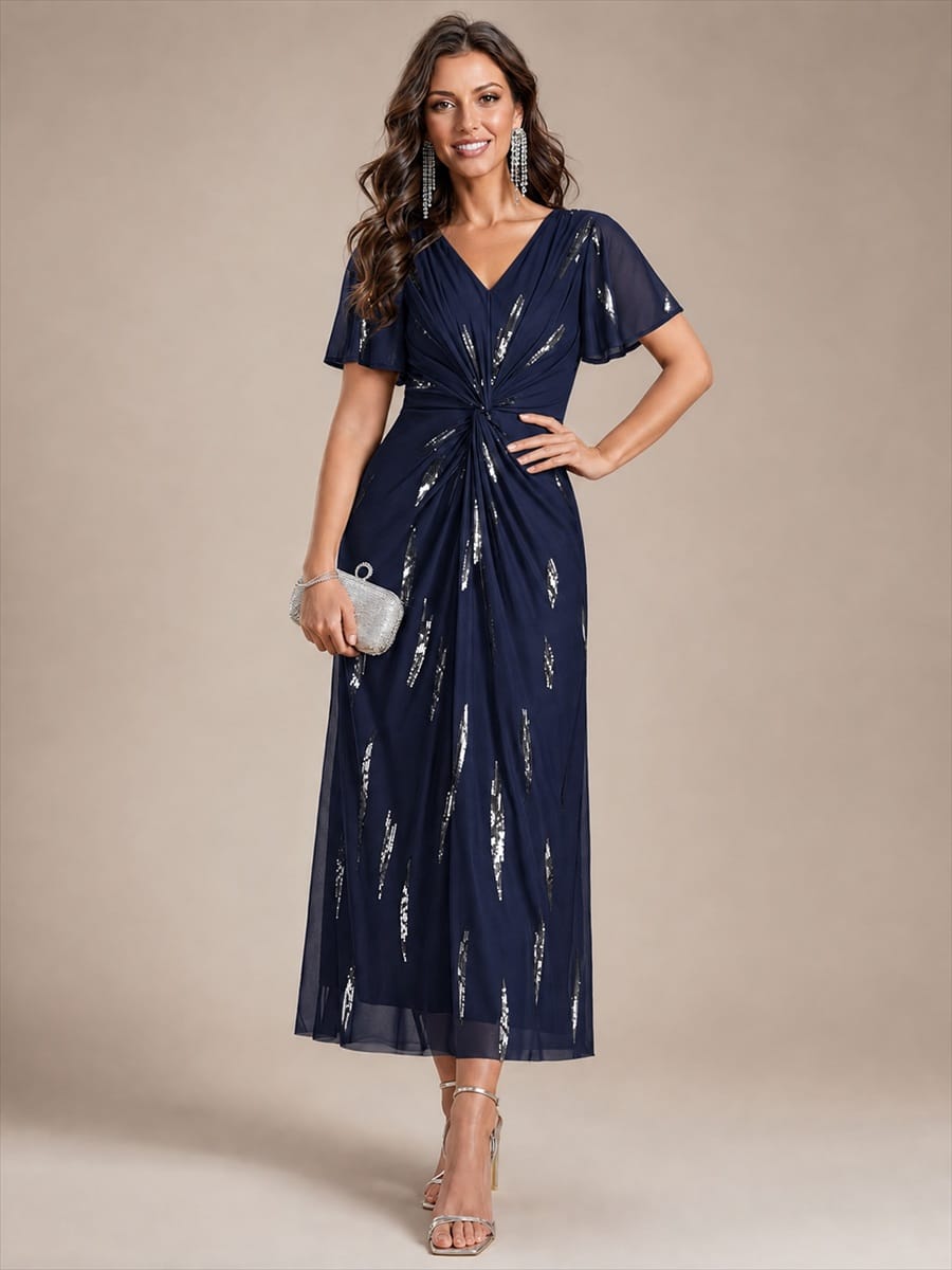 Stunning Sequin Knot Detail V-Neck Tea Length Mother of the Bride Dress