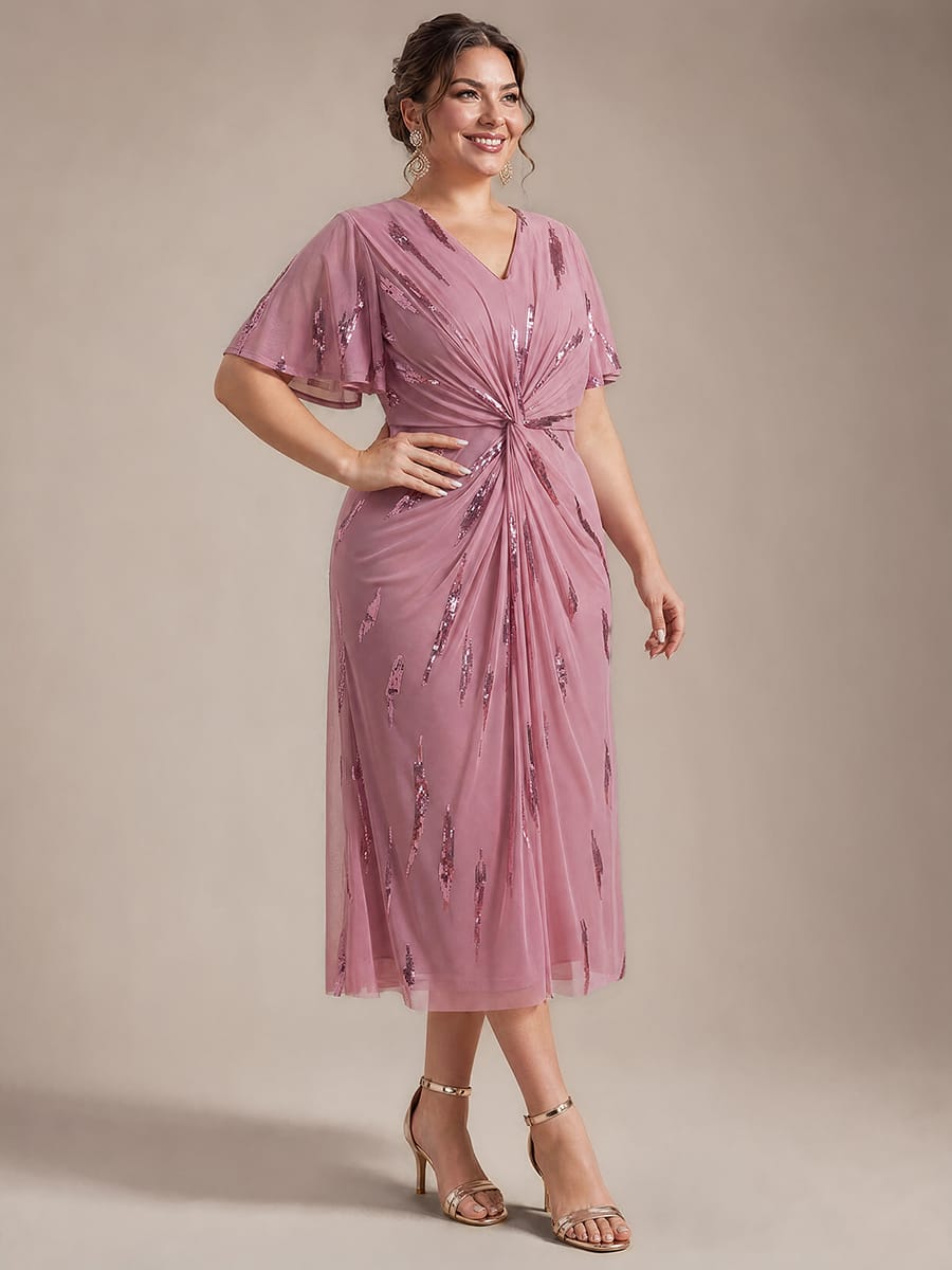 Stunning Sequin Knot Detail V-Neck Tea Length Mother of the Bride Dress