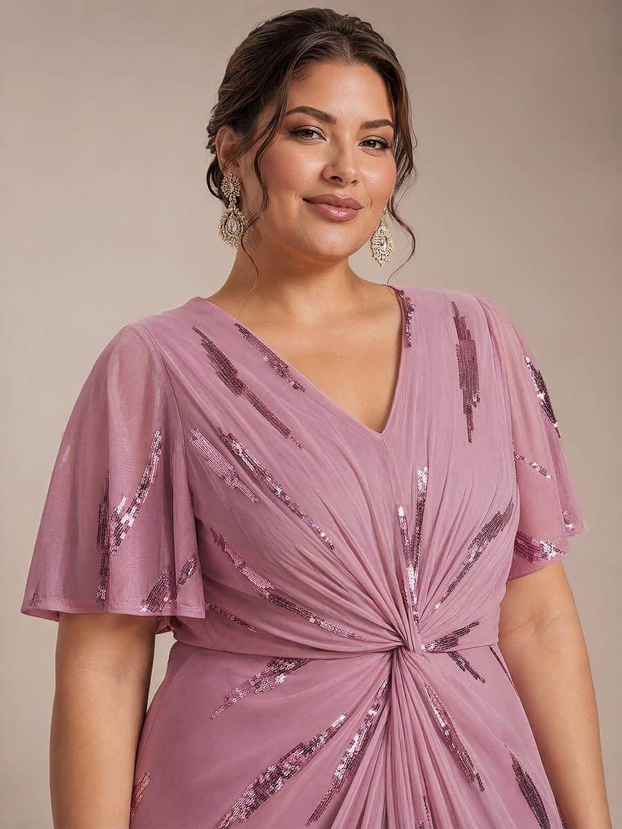 Stunning Sequin Knot Detail V-Neck Tea Length Wedding Guest Dress