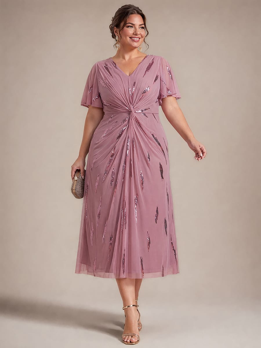 Stunning Sequin Knot Detail V-Neck Tea Length Mother of the Bride Dress