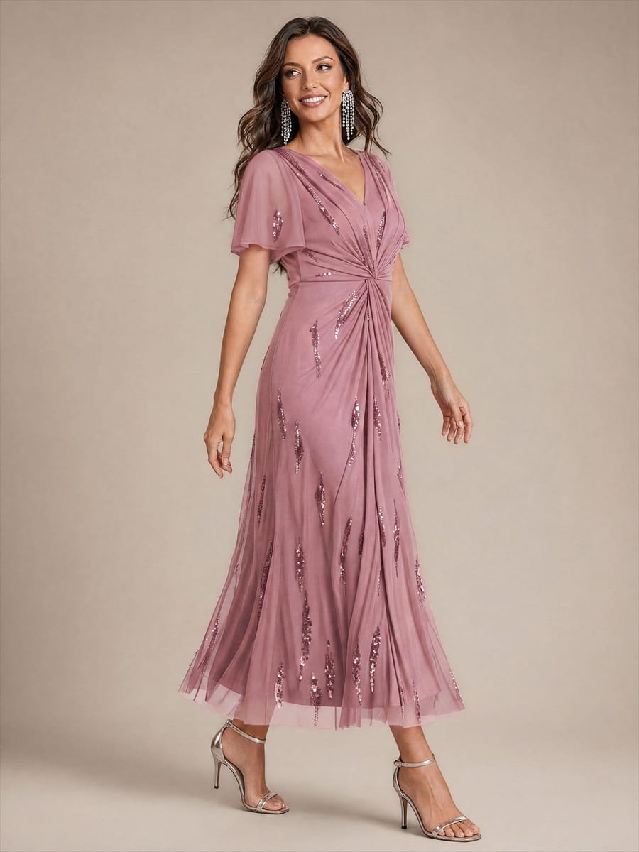 Stunning Sequin Knot Detail V-Neck Tea Length Mother of the Bride Dress