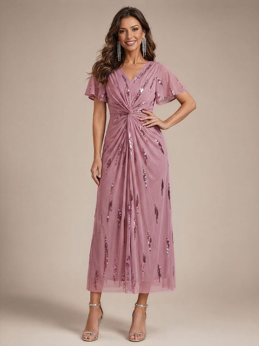 Stunning Sequin Knot Detail V-Neck Tea Length Mother of the Bride Dress