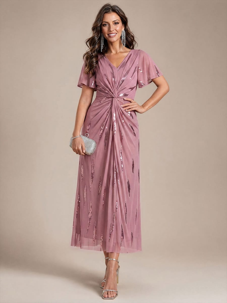 Stunning Sequin Knot Detail V-Neck Tea Length Mother of the Bride Dress