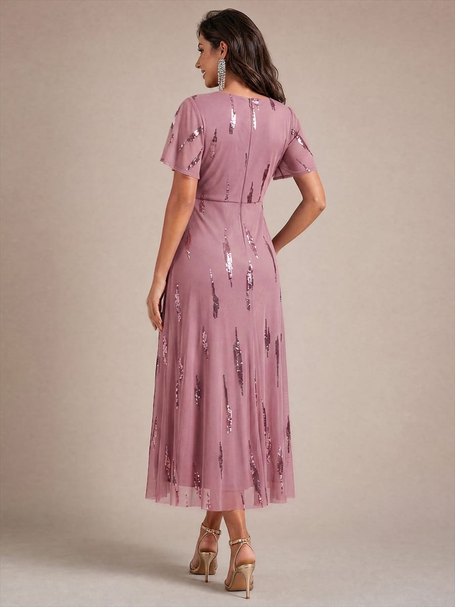 Stunning Sequin Knot Detail V-Neck Tea Length Mother of the Bride Dress