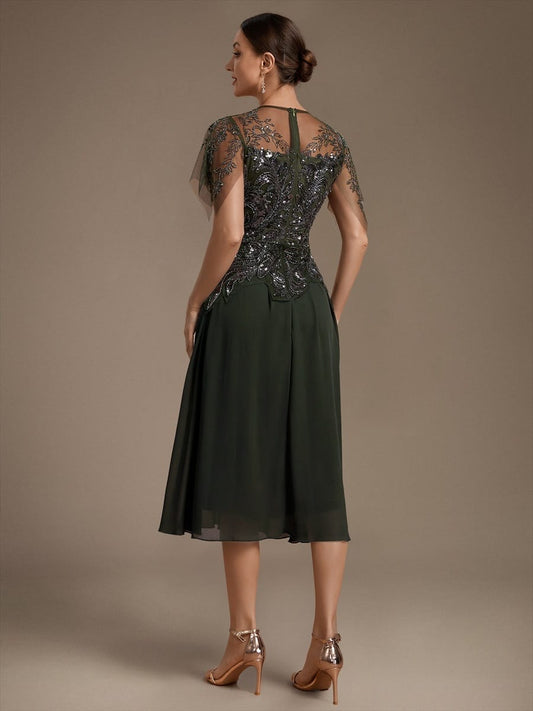 Beaded Tulle Ruffle Sleeve Midi Dress