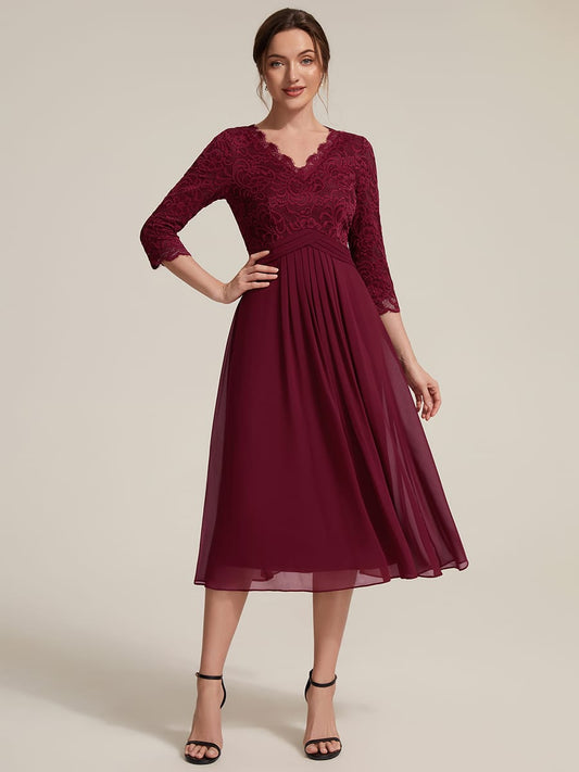 Lace Trim V-Neck 3/4 Sleeve Midi Dress
