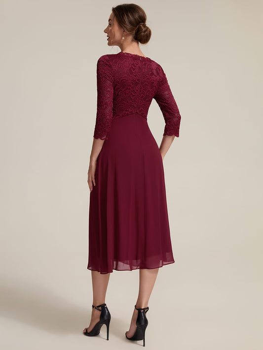 Lace Trim V-Neck 3/4 Sleeve Midi Dress