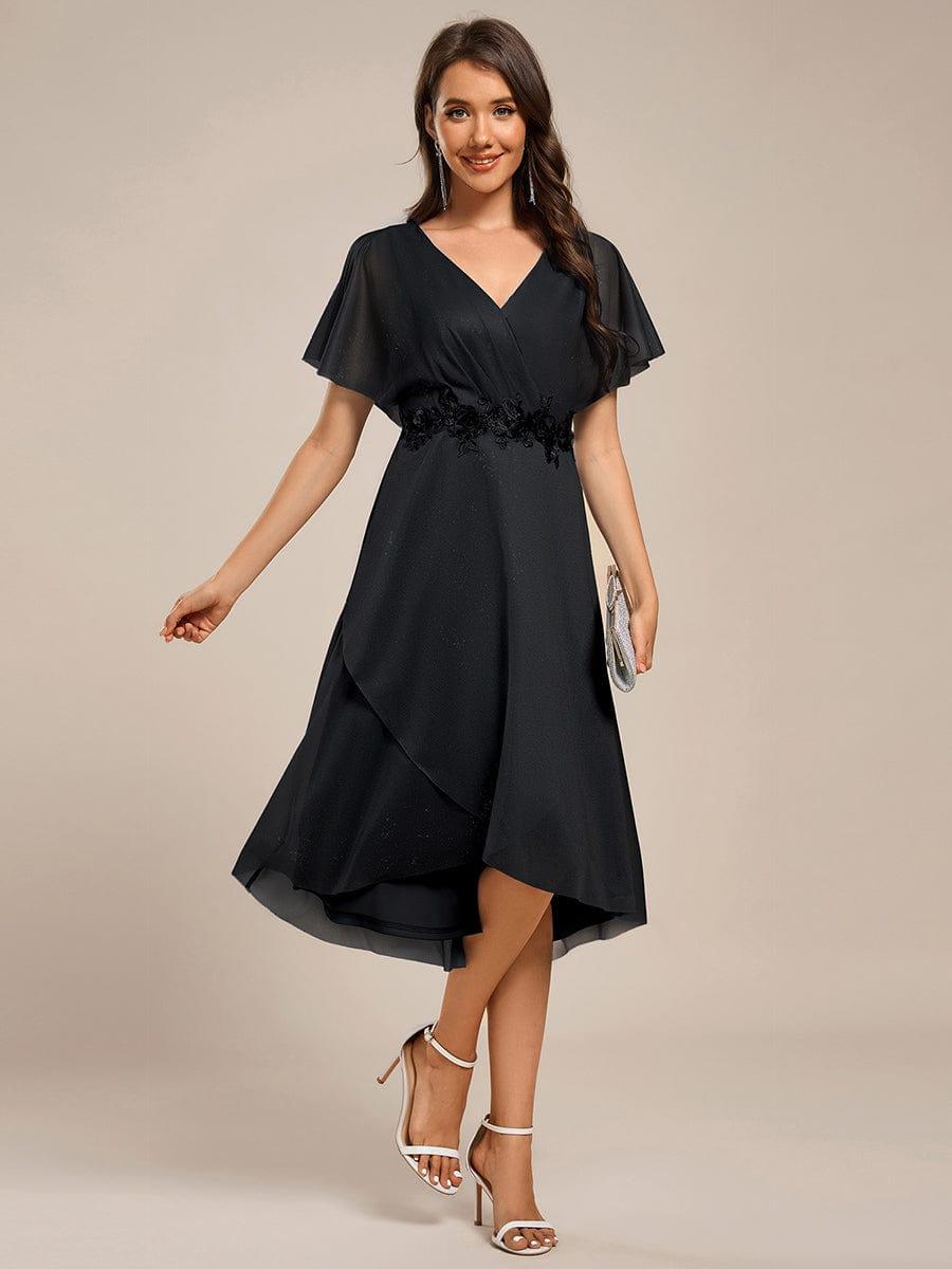 ever DANNA|Glitter Bat-Wing Applique Asymmetrical Hem Midi Weeding Guest Dress