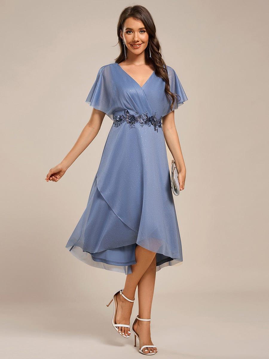 ever DANNA|Glitter Bat-Wing Applique Asymmetrical Hem Midi Weeding Guest Dress