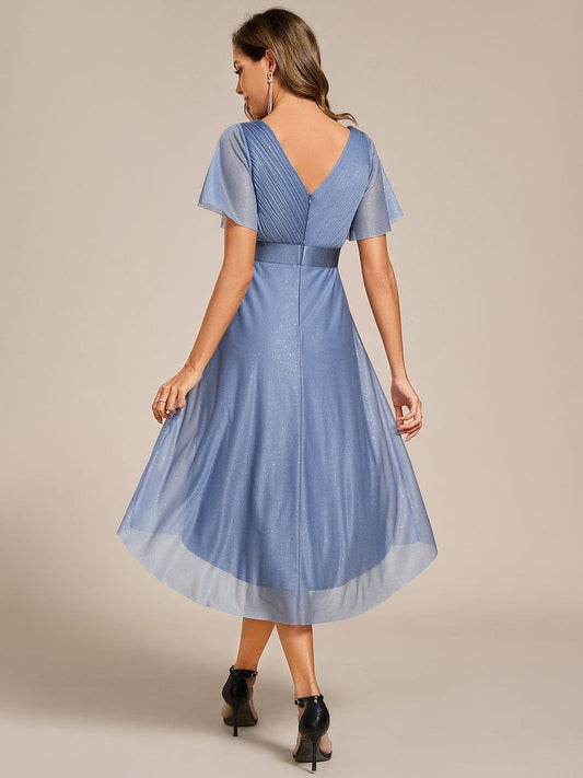 ever SOL|Glitter V-Neck Ruffles Sleeve Asymmetrical Hem Midi Length Wedding Guest Dress