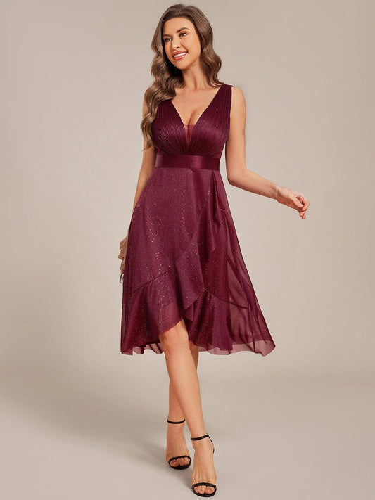 ever AZARIA|Glitter V-Neck Pleated Lotus Leaf Sleeveless Midi Length Wedding Guest Dress