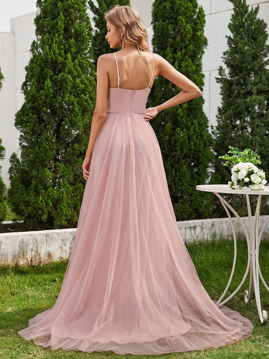 Halter Neck A-Line Tulle Maxi Dress with Applique in Pink