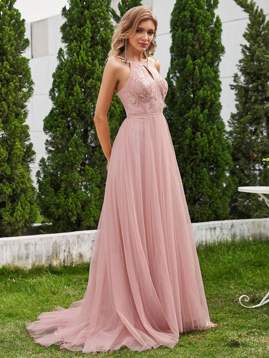 Halter Neck A-Line Tulle Maxi Dress with Applique in Pink