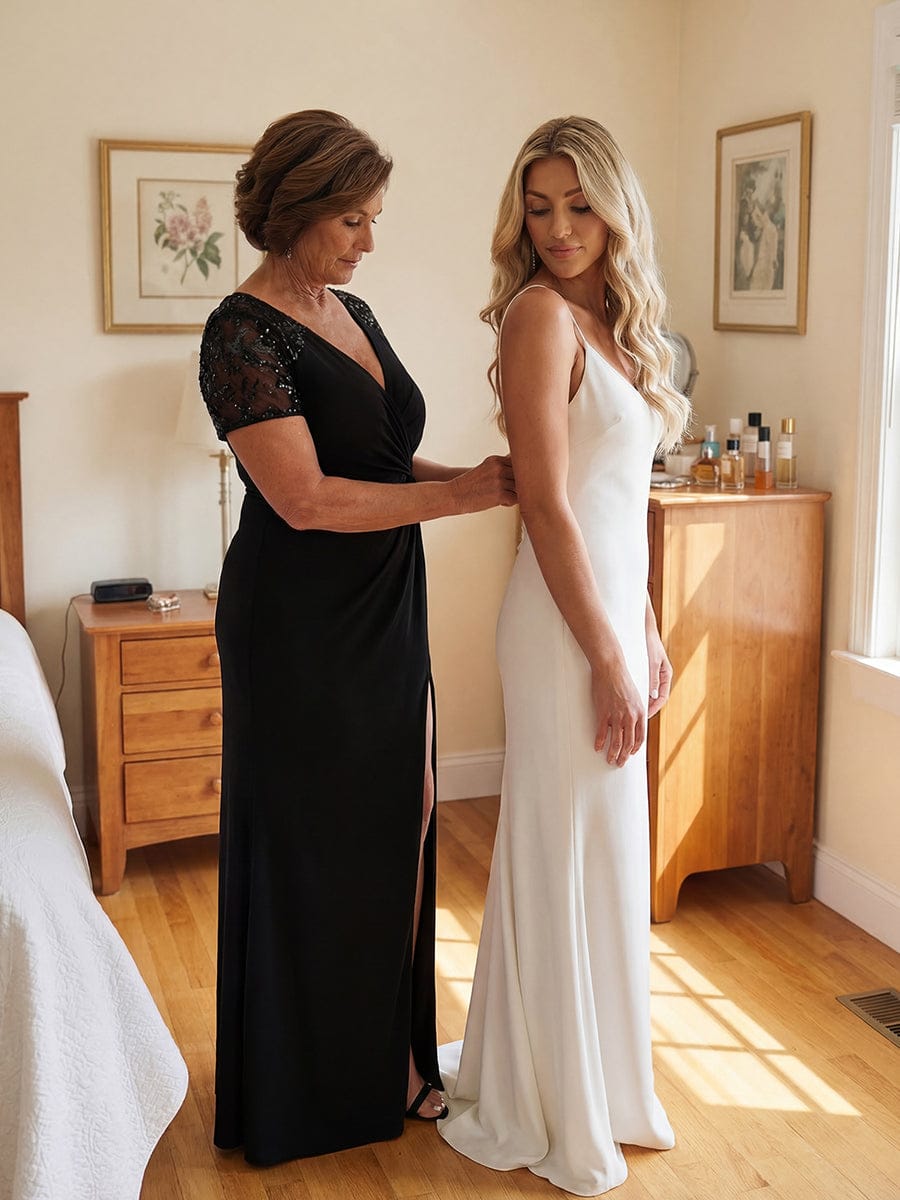 ever GILDED|Short Sequin Sleeve Front Slit Mother of the Bride Dress
