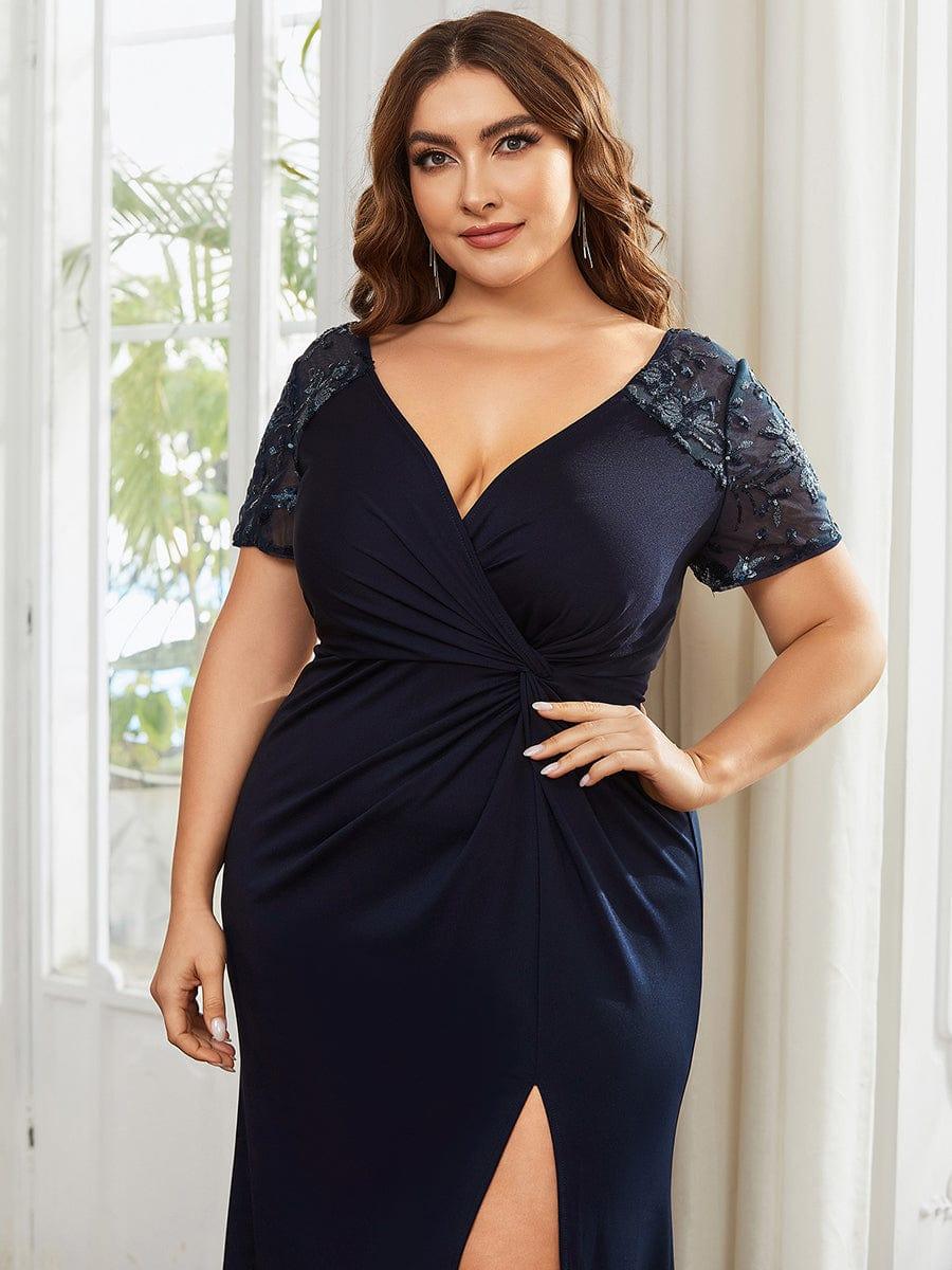 ever GILDED|Short Sequin Sleeve Front Slit Mother of the Bride Dress
